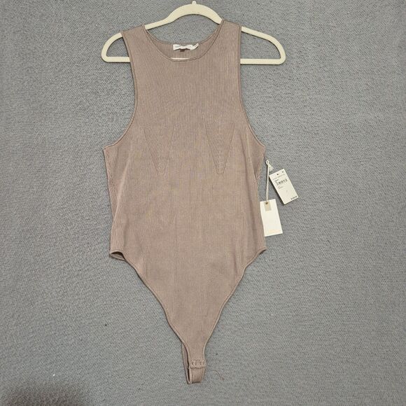 Good American Tops - Good American Women's Angled Ribbed High Neck Bodysuit  Mink001 Taupe 6 3XL